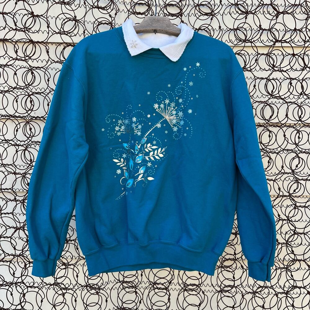 Vintage 90s Morning Sun Teal Dandelion Snowflakes in the Wind Sweatshirt MEDIUM